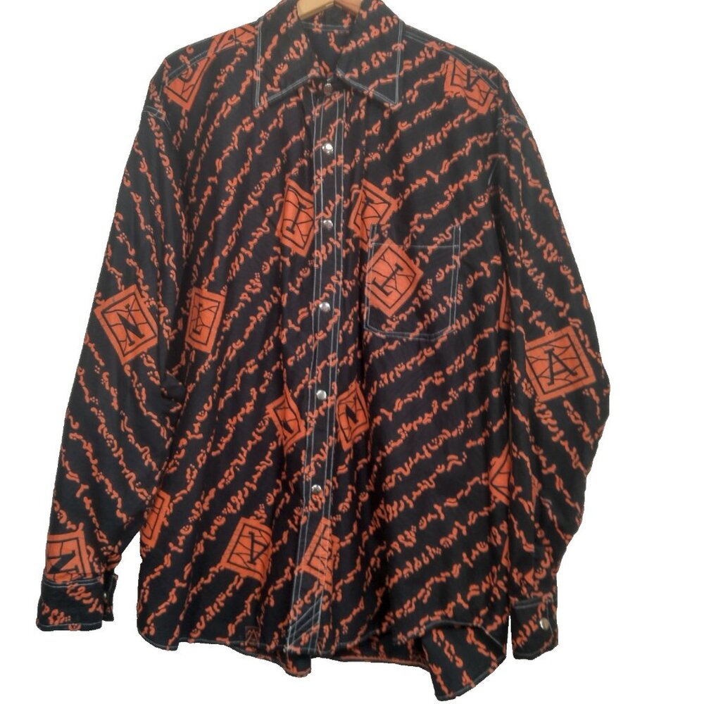 Homemade African Tribal Print Shirt Men XL Black Orange Long Sleeve Snap Collar